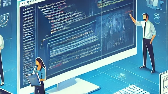 People standing in front of screens doing web development