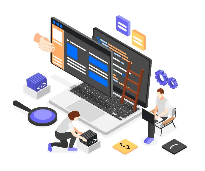 laptop having a screen infront of it and a ladder also on person is sitting beside the laptop and the other one is on the floor having magnifying glass bseide him